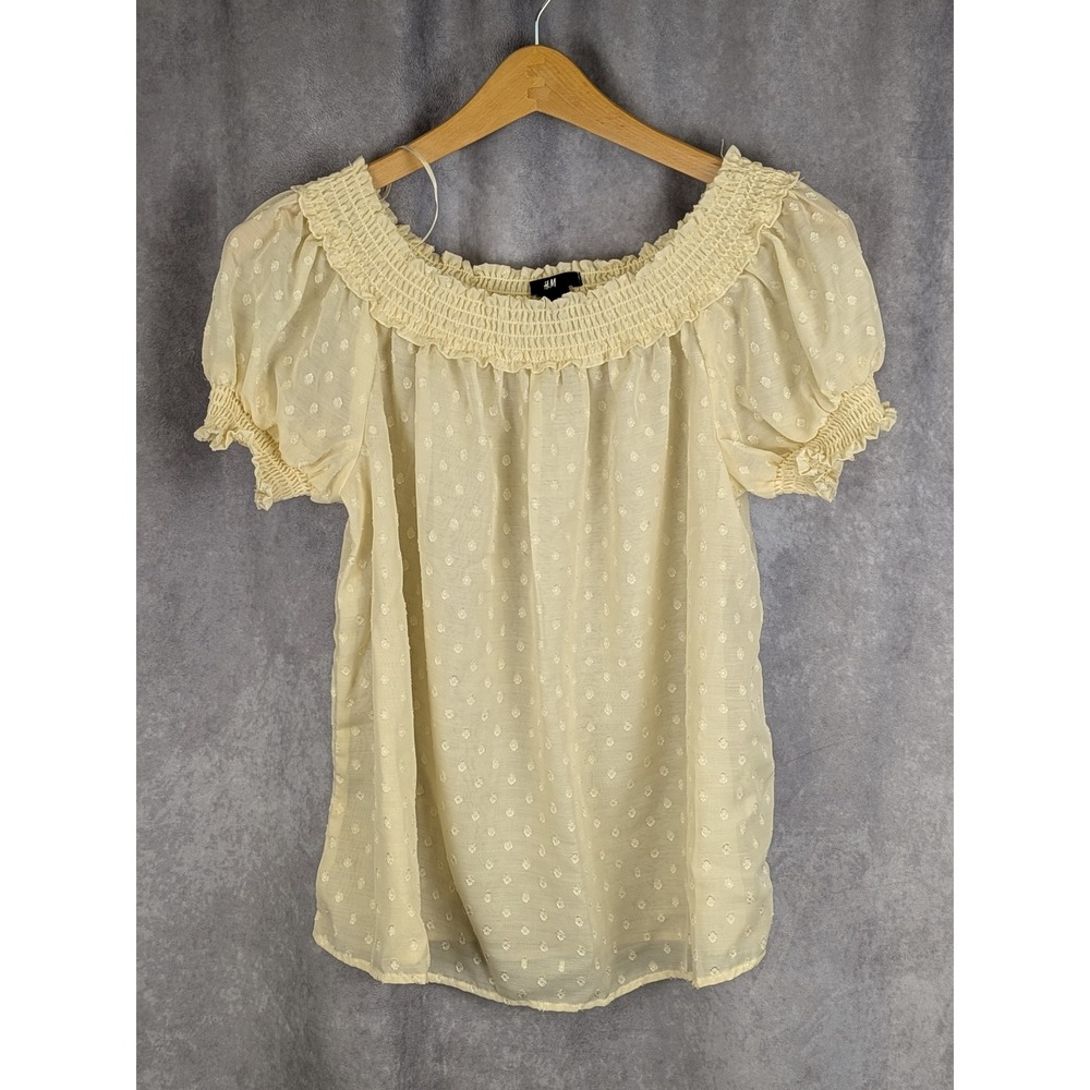 HM Cream Swiss Dot Smocked Off Shoulder Puff Sleeve Blouse Women Size4 Boho-C146